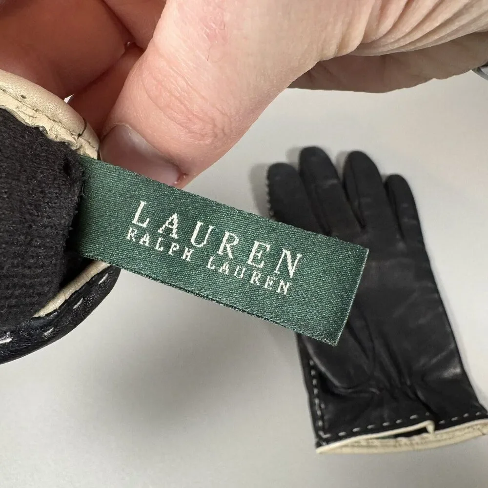 LAUREN Ralph Lauren Black Soft Leather Women's‎ Gloves Logo Large